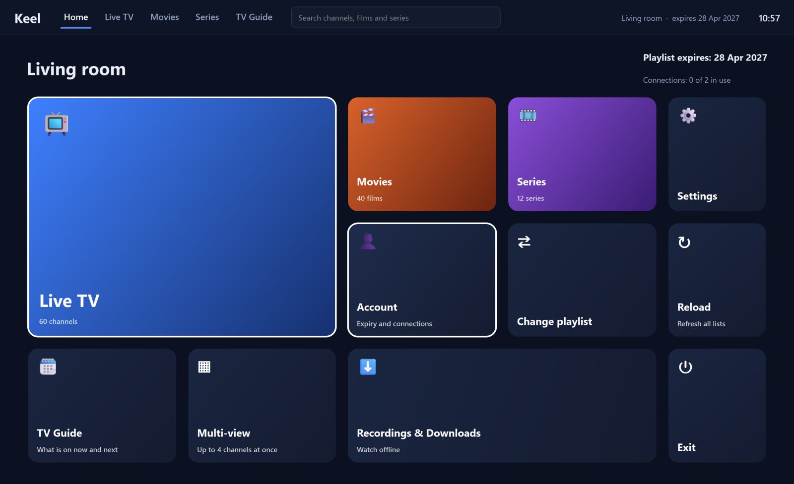 Keel's home screen showing the real interface with TV, films, series and guide